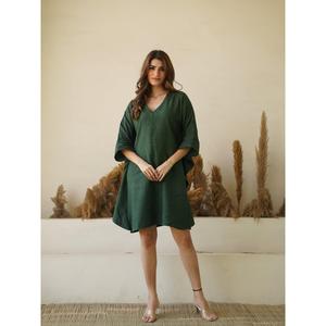 Vestido Mini Boho de Lino y Algodón para Mujer, Verde, Cuello en V, Corte Holgado, Informal, Ligero - Product Image 1