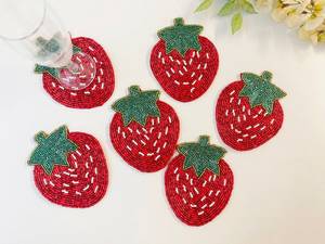 Handmade Strawberry Fabric Beaded Coasters Cute <b>Table</b> <b>Mats</b> Red With Green Leaves Design Strawberry Beaded Coaster Set - Product Image 6