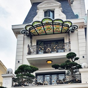 Custom Iron European Outdoor Hotel Furniture Stained Glass <b>Canopy</b> Decorative Pendant <b>Roof</b> Floral Pattern Entryway Balcony Cover - Product Image 2