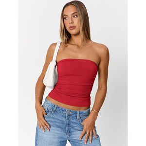 Débardeur tricoté rouge sans bretelles pour femme, couleur unie, froncé, longueur courte, style club sexy, mélange élasthanne et polyester - Product Image 2