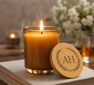 Vela de cera de soja ecológica perfumada en frasco ámbar con base dorada y tapa de madera personalizada, hecha a mano, de lujo, para uso en interiores, pedido al por mayor - Product Image 3