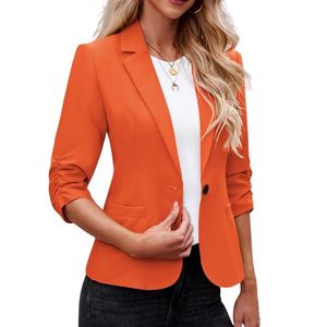 Maßgeschneiderter Leuchtend Tangerin-Oranger Blazer für Damen mit V-Ausschnitt, Dreiviertelärmeln, Leichter Spandex/Polyester-Mischung, Einreihig - Product Image 2