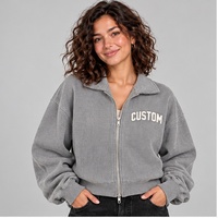 Veste courte zippée en velours côtelé pour femme avec logo personnalisé |   Sweat-shirt décontracté côtelé surdimensionné avec manches bouffantes |   Coupe ample bidirectionnelle