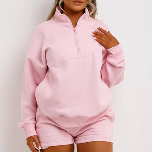 Women Plus Size <b>Pink</b> Quarter-Zip Sweatshirt Set Solid Color Casual Loose Fit Full Sleeve Shorts Cotton <b>Tracksuit</b> Spring Wear - Product Image 5