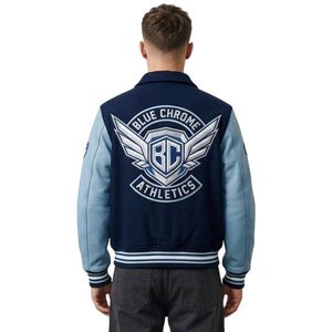 Blousons universitaires personnalisés bleu clair avec empiècements numérotés, manches en cuir véritable et corps 100% laine, style streetwear - Product Image 2