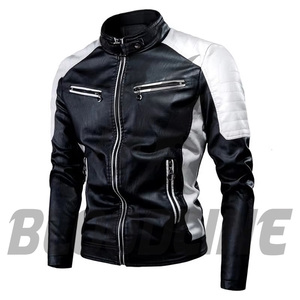 BLOODLINE Men's Black <b>White</b> PU Leather Moto Biker <b>Jacket</b> Slim Fit Zipper Closure Stand Collar Autumn Wear - Product Image 1