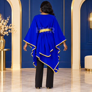 Poncho HMR Sorority Sisterhood bleu royal à manches chauve-souris, col en V, longue cape avec bordure dorée, élégant, toutes saisons - Product Image 4