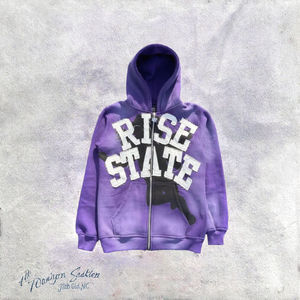 Sudaderas con capucha de algodón 100% con logo personalizado, parche bordado, letras, efecto desgastado, felpa francesa, cremallera, lavado ácido, corte holgado, temporada de otoño - Product Image 3