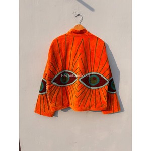Veste en velours orange, veste à doublure en coton cousue à la main, veste brodée ouzbèke, veste bohème chic, veste décontractée pour femmes - Product Image 6