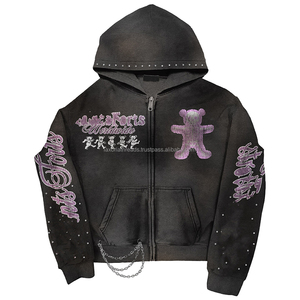 เสื้อฮู้ดดี้ครอปทรงโอเวอร์ไซส์ แต่งคริสตัลวิบวับ สไตล์วินเทจ ล้างสีแบบแอซิดวอช ผ้าหนา ซิปหน้า สำหรับผู้ชาย - Product Image 2