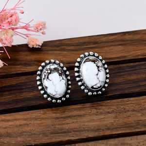 Wild Horse Jasper Sterling <b>Silver</b> <b>Stud</b> <b>Earrings</b> White Brown Gemstone Boho Jewelry - Product Image 1