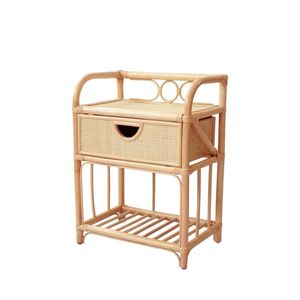 Table d'appoint ronde minimaliste en rotin, fabriquée avec du canne durable et des pieds en bois massif pour un mobilier d'intérieur élégant - Product Image 1