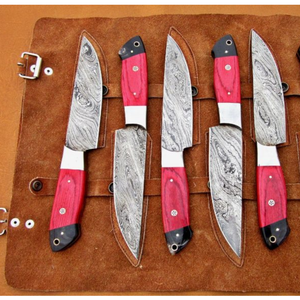 Custom Handmade Damascus Steel Kitchen Knives Set of 6 with Red <b>Wooden</b> Handles Professional Chef Cooking <b>Slicing</b> Cutting Knife - Product Image 5