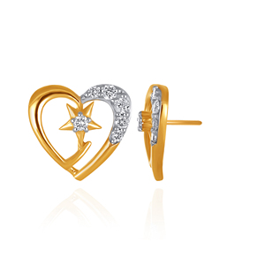 Boucles d'oreilles clous en or jaune en forme de cœur avec diamants ronds taille brillant et motif étoile, pour femme, romantiques, à porter au quotidien - Product Image 2