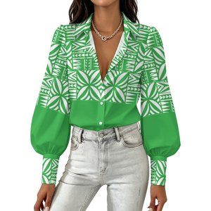 Customdesigned Casual Party Vintage <b>Hawaiian</b> Tropical Hibiscus Leaf Print Ladies Blouse Turn Collar Balloon Long Sleeve Button - Product Image 2
