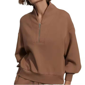 New Fashion Women's Half <b>Zipper</b> Crew Neck Vintage 100% Cotton Breathable Quick Dry Embroidery Sweatshirt Long Sleeve Hoodie - Product Image 1