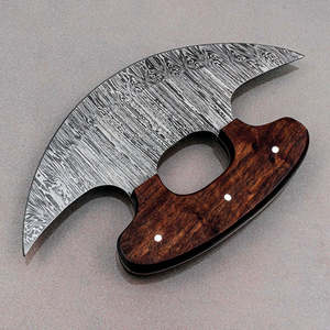 <b>Timber</b> Steel Enterprises Industrial Grade Ulu Knife Damascus Steel Blade Wood Handle Trailing Point Straight Edge Kitchen Knife - Product Image 6