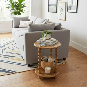 Handmade Rustic Wooden Side <b>Table</b> <b>with</b> Ball Turned Legs and Lower Storage Shelf Freestanding Accent Furniture for Living Room - Product Image 2