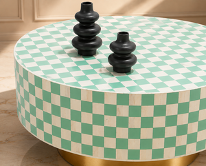 Modern Round <b>Wooden</b> Coffee <b>Table</b> with Bone Inlay and Checkerboard Design Handmade Marble Top Living Room Furniture - Product Image 3