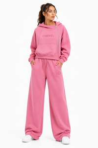 OEM <b>Women</b>’s Athleisure Set with Pouch Pocket Hooded Pullover Tracksuit Elastic Waist Wide <b>Trousers</b> Custom <b>Winter</b> DTF - Product Image 4