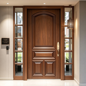 Puerta de Entrada de Madera Sólida con Paneles Laterales de Vidrio, Diseño Tradicional, Abatible, para Uso Exterior en Villas y Apartamentos - Product Image 1