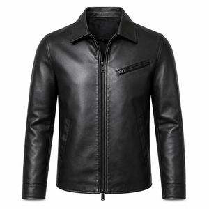 Veste en cuir noir pour homme avec col chemise classique, fermeture éclair intégrale sur le devant, poche poitrine, poches latérales et coupe slim moderne - Product Image 2