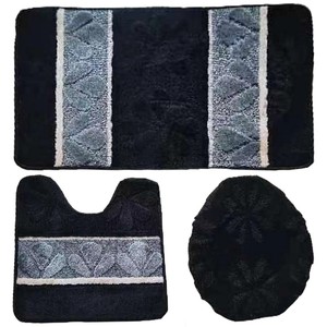 Striped Cotton Bath <b>Mat</b> <b>Set</b> 3 Piece Non Slip Rubber Backing Black with Gray Embroidery Classic Style for Home <b>Bathroom</b> - Product Image 4