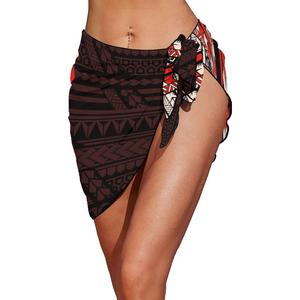 Pareo de Playa para Mujer, Personalizado, con Estampado Tribal Polinesio de Hibisco y Puntos Jacquard, con Lazos Laterales, para Cubrir el Bikini - Product Image 2