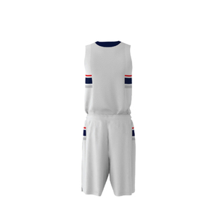 Ensemble uniforme de basket-ball blanc pour hommes, avec maillot sans manches et short à rayures bleues et rouges, en polyester respirant, taille adulte - Product Image 3