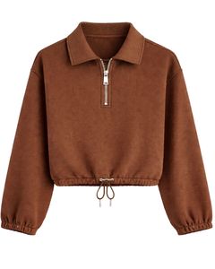 Sudadera Corta Personalizada Marrón para Mujer con Cierre de Cremallera, Estilo Casual, con Cordón Ajustable en el Bajo, de Felpa Suave, Algodón y Poliéster, para Invierno - Product Image 1