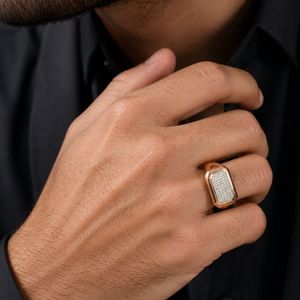 <b>Mens</b> 18KT Rose Gold Rectangular Micro Pave Cubic Zirconia Signet <b>Ring</b> Luxury Polished Statement Wedding Party Gift Jewelry - Product Image 5