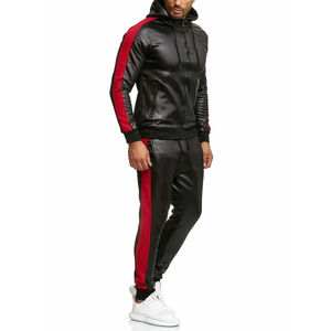 Conjunto de dos piezas de chándal de cuero PU negro informal liso y cortavientos con cremallera para hombre, corte ajustado, novedad 2026 - Product Image 2