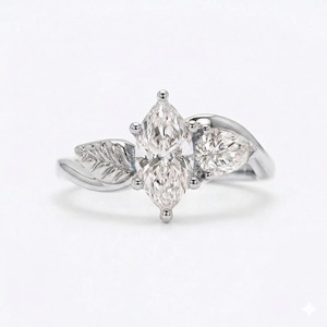 Bague de fiançailles VBSR-127 HPHT en or 18 carats avec diamant de laboratoire taille marquise en forme de feuille, 1,40 carat, couleur E, pureté VS1, bague Toi et Moi, bague de promesse - Product Image 3
