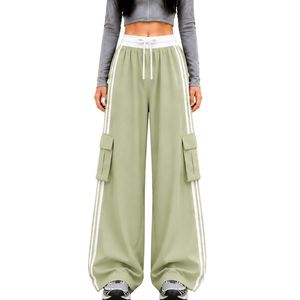 Pantalon cargo ample vert sauge pour femme, taille haute, avec cordon de serrage, coupe décontractée, rayures latérales, style streetwear, personnalisable OEM - Product Image 1