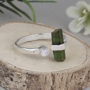 Geometric Natural Green Tourmaline & Moonstone 925 Silver <b>Adjustable</b> <b>Ring</b> Minimalist Gemstone Jewelry Everyday Wear Unisex - Product Image 2