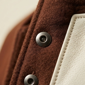 <b>Men's</b> Varsity <b>Jacket</b> Brown <b>Cream</b> Sleeve Stand Collar Button Closure Casual Autumn Wear Lightweight Baseball Bomber Outerwear Top - Product Image 4