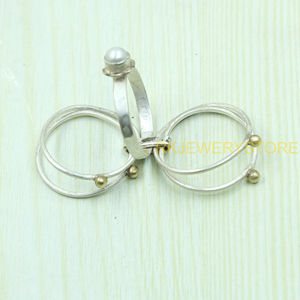 Natural Pearl <b>Ring</b> 925 Sterling <b>Silver</b> and Brass Handmade Statement <b>Ring</b> Multi Band <b>Stack</b> <b>Ring</b> Minimalist Pearl Jewelry Gift Her - Product Image 6