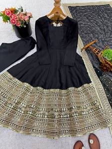 Conjunto de Kurti Anarkali Negro Bordado para Mujer, Manga Larga, Dupatta, Ropa Étnica para Fiesta o Boda - Product Image 4