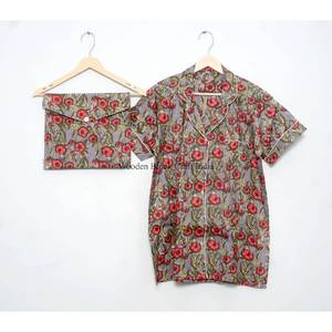 Hermoso Conjunto de Pijama Corto Vintage con Cuello Camisero, 3 Piezas, Estampado Floral Digital, Elegante y Cómodo, 100% Algodón - Product Image 4