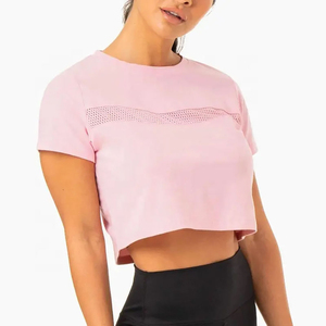 T-shirt pour femme en tricot uni vert olive à col rond, manches courtes, respirant, coupe sportive, printemps été - Product Image 6