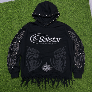 Sweat-shirt à capuche noir personnalisé avec strass effet vieilli pour homme, streetwear, logo personnalisé, impression graphique et manches ornées - Product Image 6