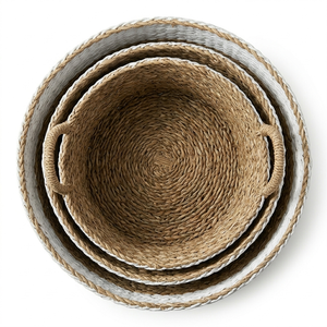 Woven Seagrass Storage Basket with Handles Two Tone Organizer Bin for Bathroom Living Room Home - Product Image 3