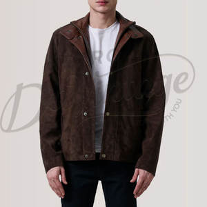 Chaqueta de Gamuza Marrón Oscuro para Hombre con Cuello de Cuero Liso en Capas, Piel de Oveja Auténtica, Corte Ajustado, Estilo Casual Ejecutivo, Chaqueta Moto - Product Image 1