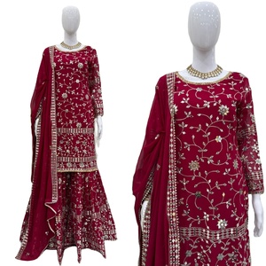 Modern Heavy Rayon Fancy Embroidery Work Plazzo <b>Kurti</b> Dupatta Set Women's Festival Casual Wear Plus Size Salwar Kameez Quick Dry - Product Image 1