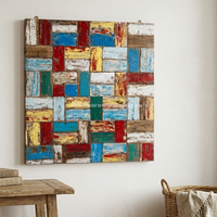 DIVADI Mosaïque Art Déco Murale en Bois de Bateau Recyclé Fait Main, Finition à Base d'Eau, Acier Inoxydable, Patchwork Nautique Vintage