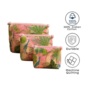 White Pink Floral Quilted Cotton Pouch Set Hand Block Print <b>Toiletry</b> Makeup Stationary Jewellery Craft <b>Storage</b> Travel Gift - Product Image 3