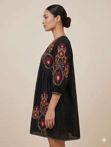 Summer Woven Button Eco-Friendly Maxi <b>Black</b> V-Neck Boho Loose Fit Short Sleeve Casual Dress - Product Image 1