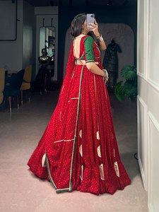 VISHNU K DESIGNS LAHENGA CHOLI GEORGETTE ESTAMPADO con encaje GPTTA PATTI y encaje GAMTHI MIROOR, traje largo hasta el suelo para fiesta - Product Image 5