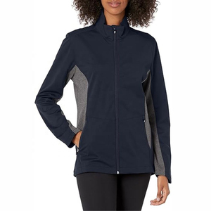 Veste polaire bleu marine pour femme avec fermeture éclair intégrale, empiècements gris contrastants, col montant, coupe-vent, idéale pour l'automne - Product Image 6
