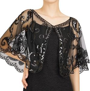 Capes For Women Stylish, Sequin Beaded black Shawl for Women Wraps, Versatile <b>Cover</b>-<b>Up</b> for <b>Weddings</b> and Events - Product Image 1